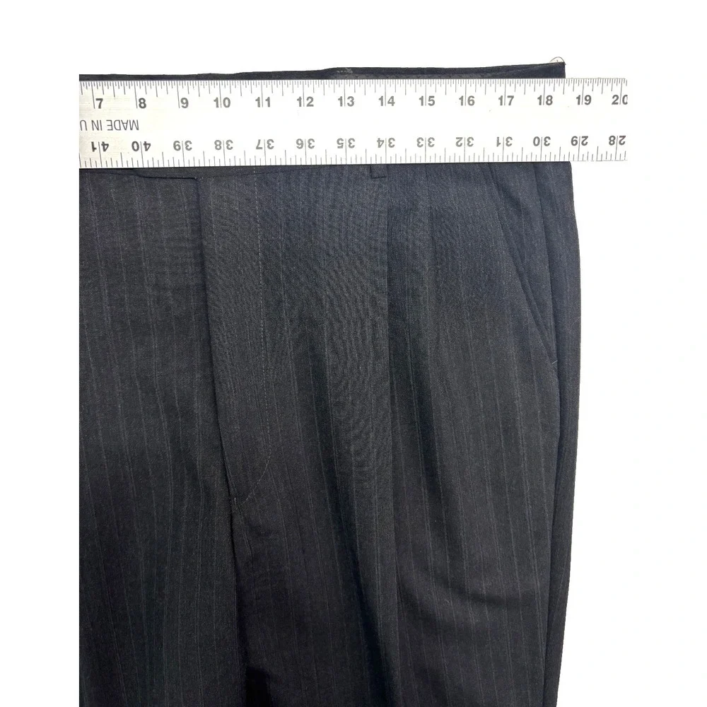 vtg 90s Double Breasted 42L 36x33 Gray Stripe 2pc Pant Suit Wool Profilo Pleated